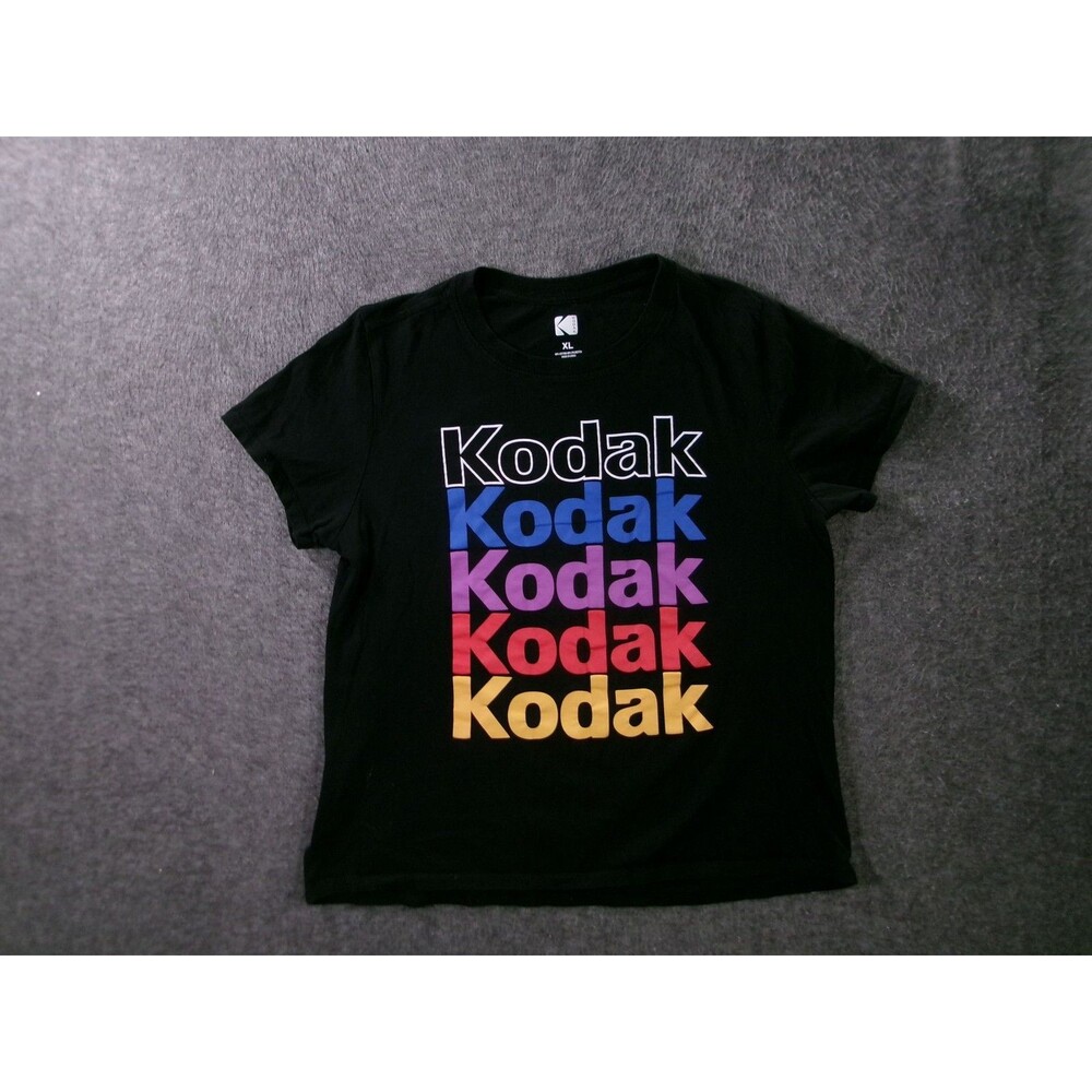 Kodak Shirt Mens XL Black Short Sleeve Rainbow Logo Stacked Graphic